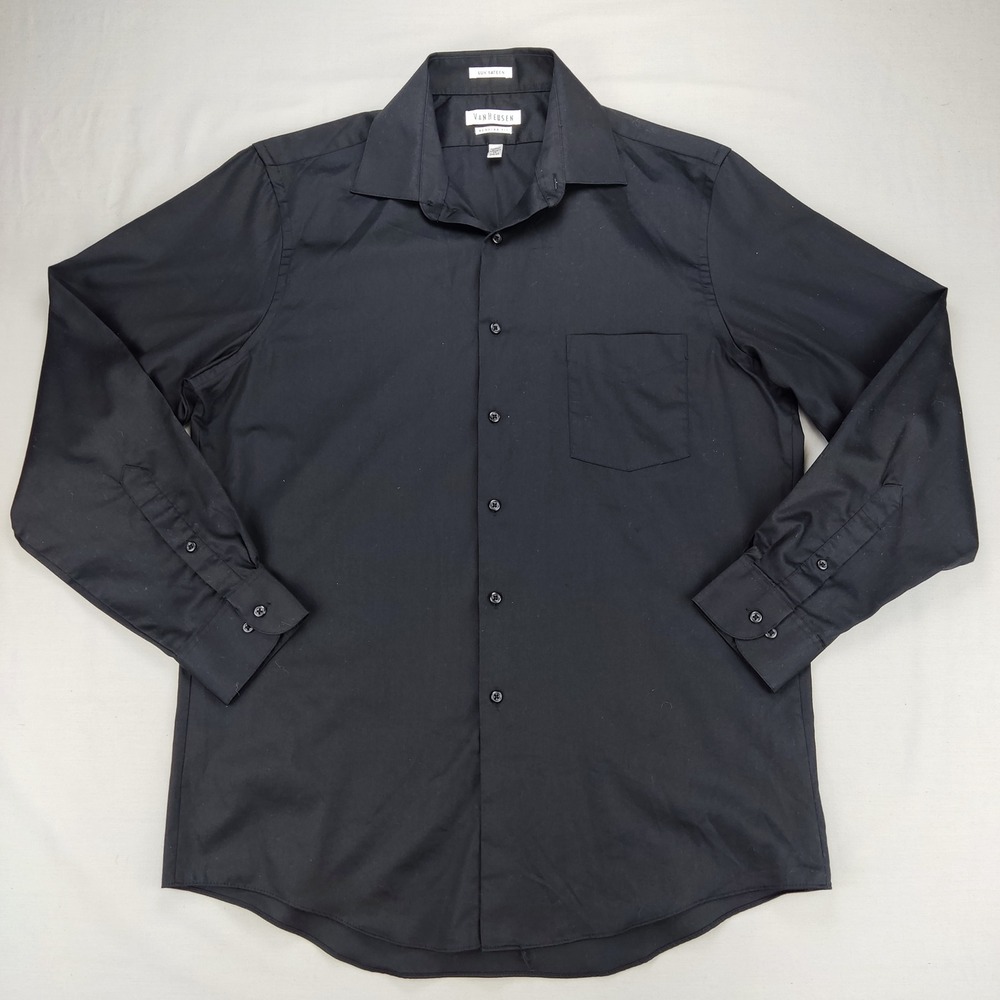 Van Heusen Dress Shirt Mens 16 34/35 Black Lux Sateen Regular Fit Wrinkle Free